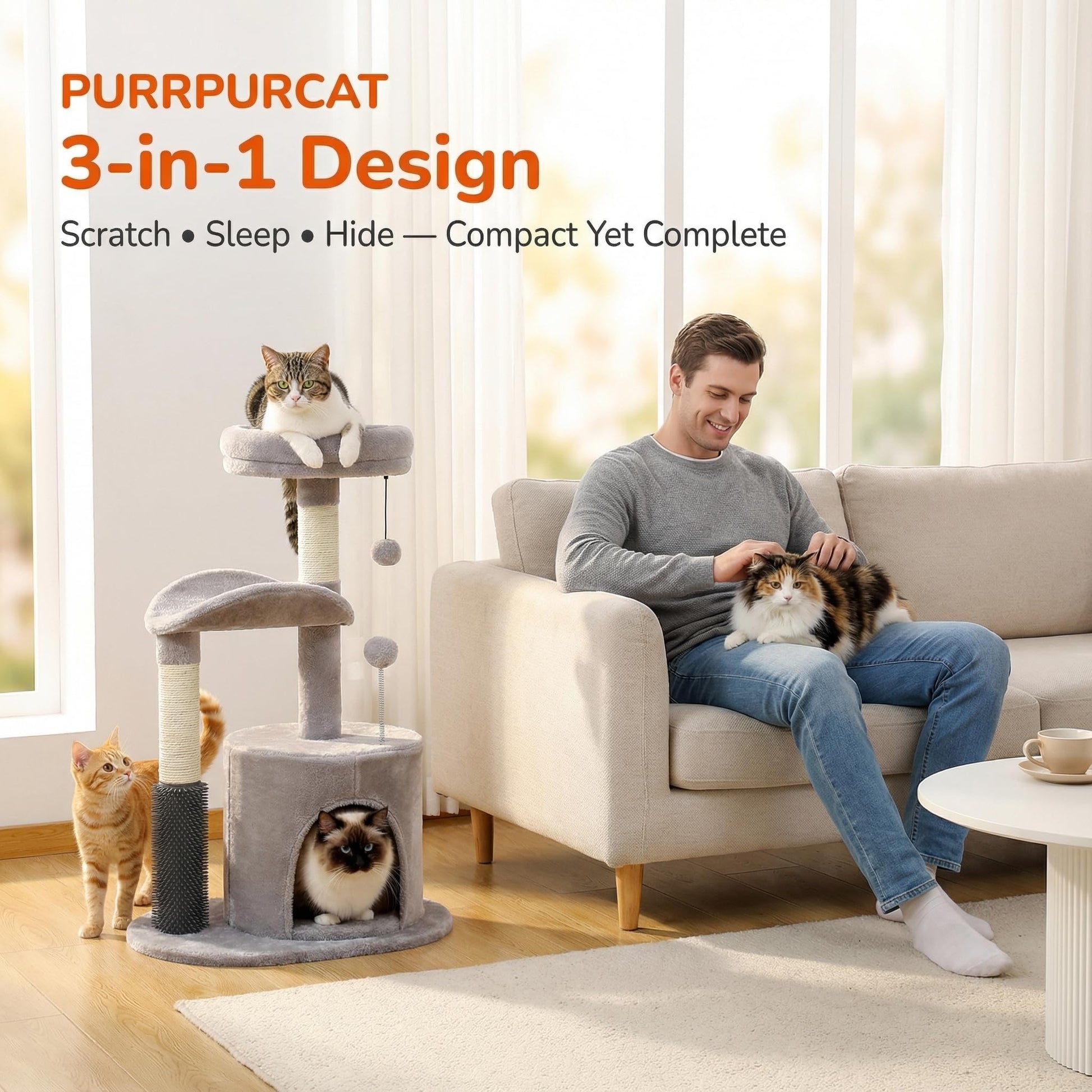 Purrpurcat 32" 7 Small Cat Tree for Kittens Senior Cats, Removable Toy