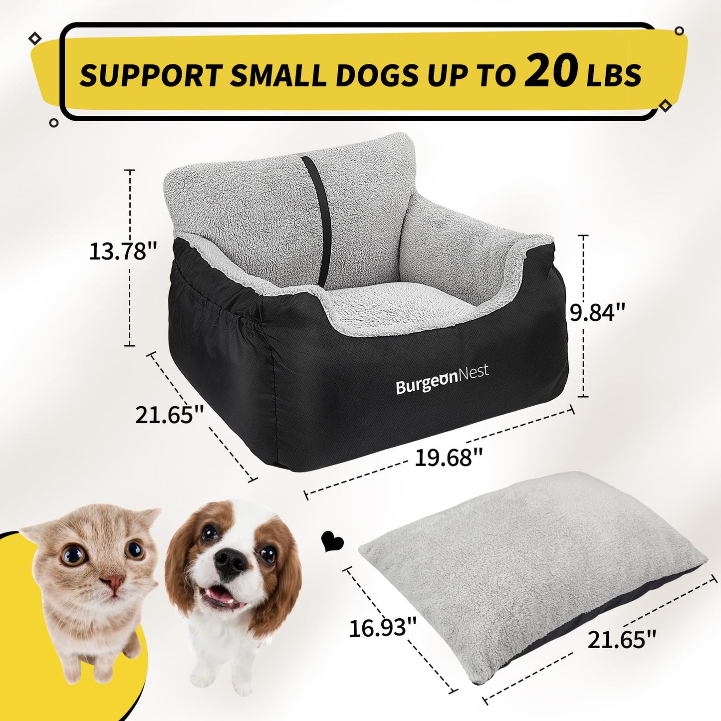BurgeonNest Dog Car Seat for Small Dogs, Soft Pet Car Travel Home Bed