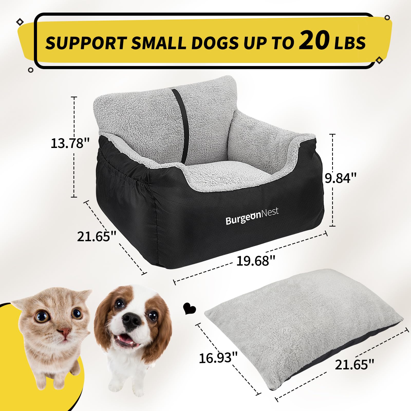 BurgeonNest Dog Car Seat for Small Dogs, Soft Pet Car Travel Home Bed