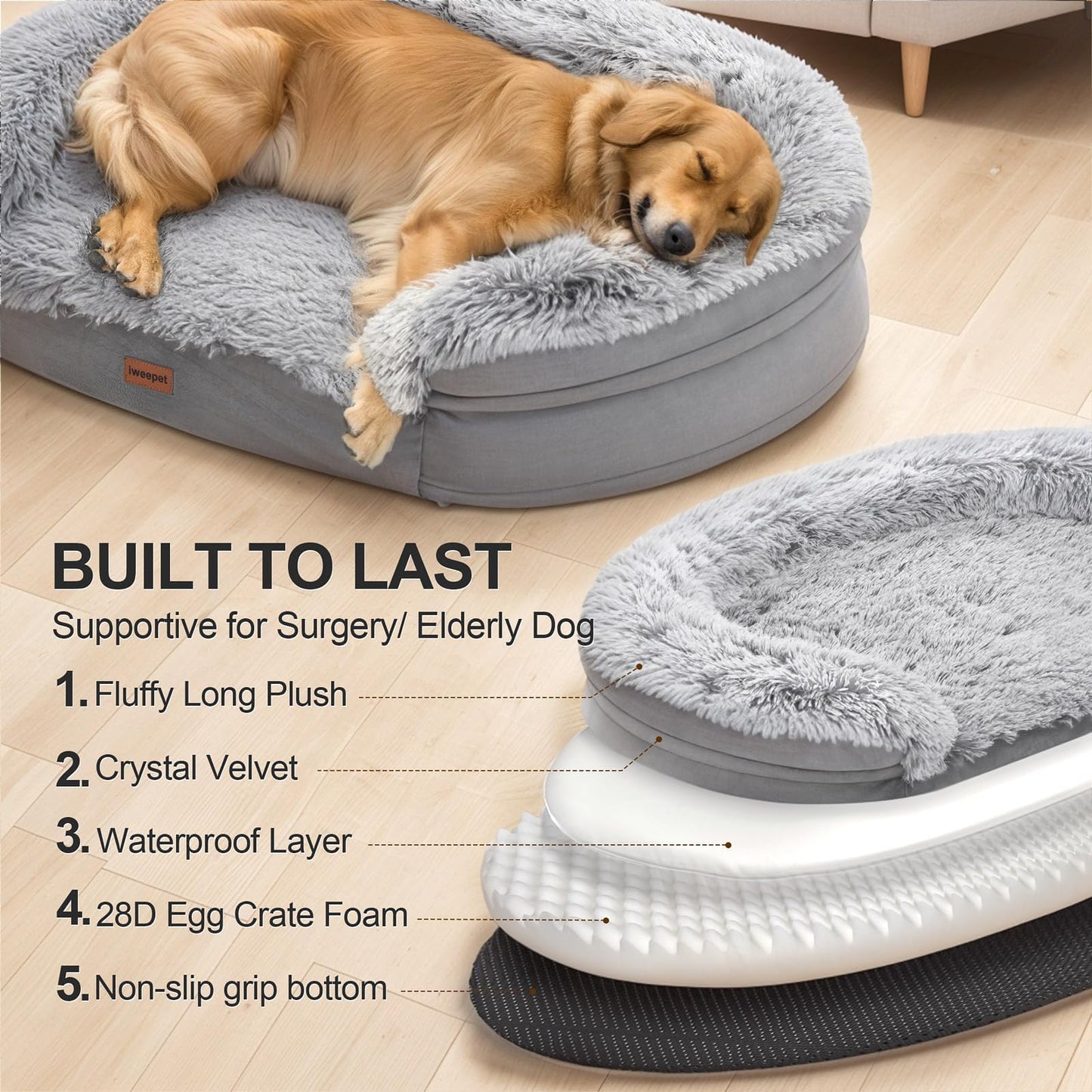 iweepet Thickened Orthopedic Dog Beds for Extra Large Dogs, Fluffy Bed