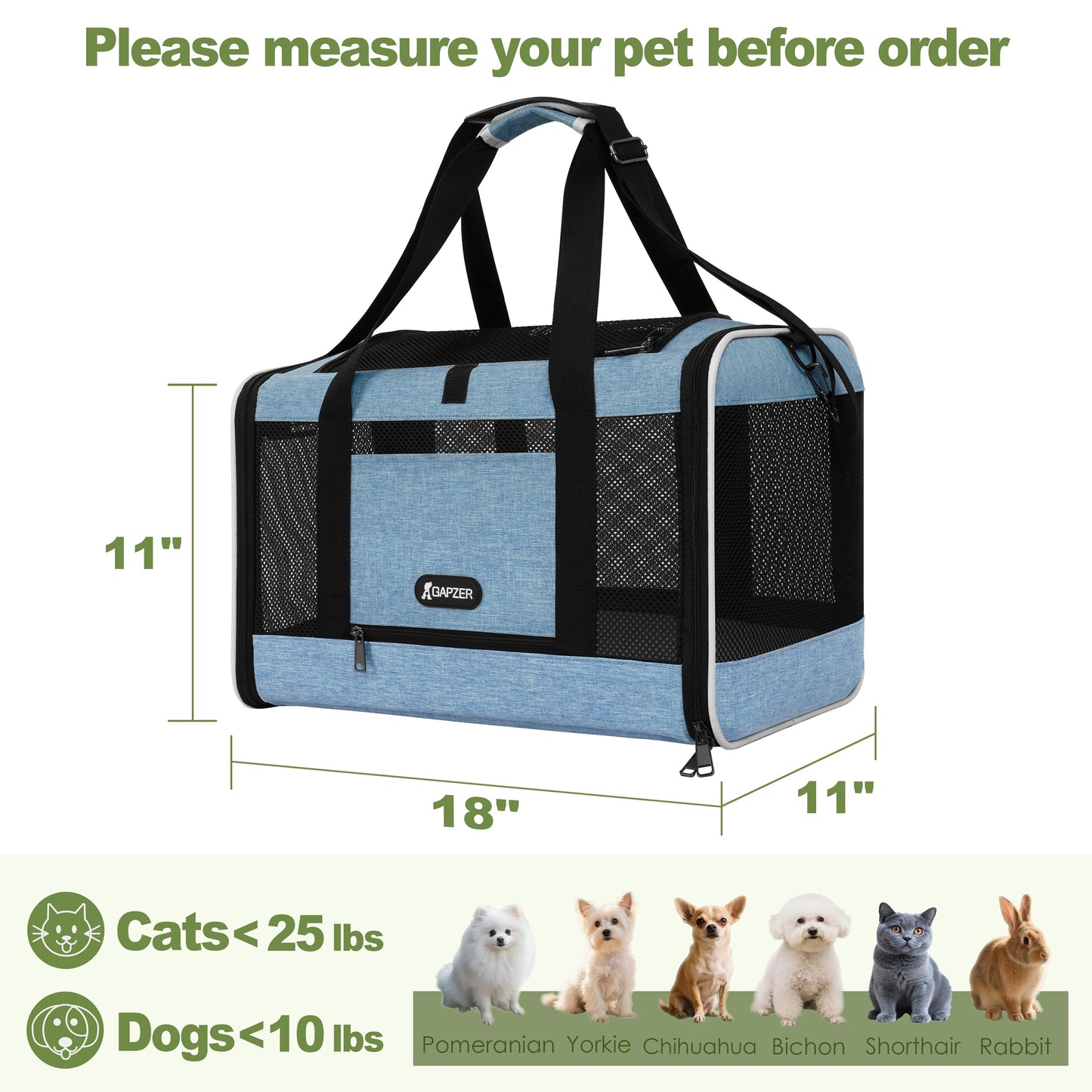 GAPZER Cat Carrier 18 x 11 x 11 Top Loading Soft-Sided Pet Travel Bag