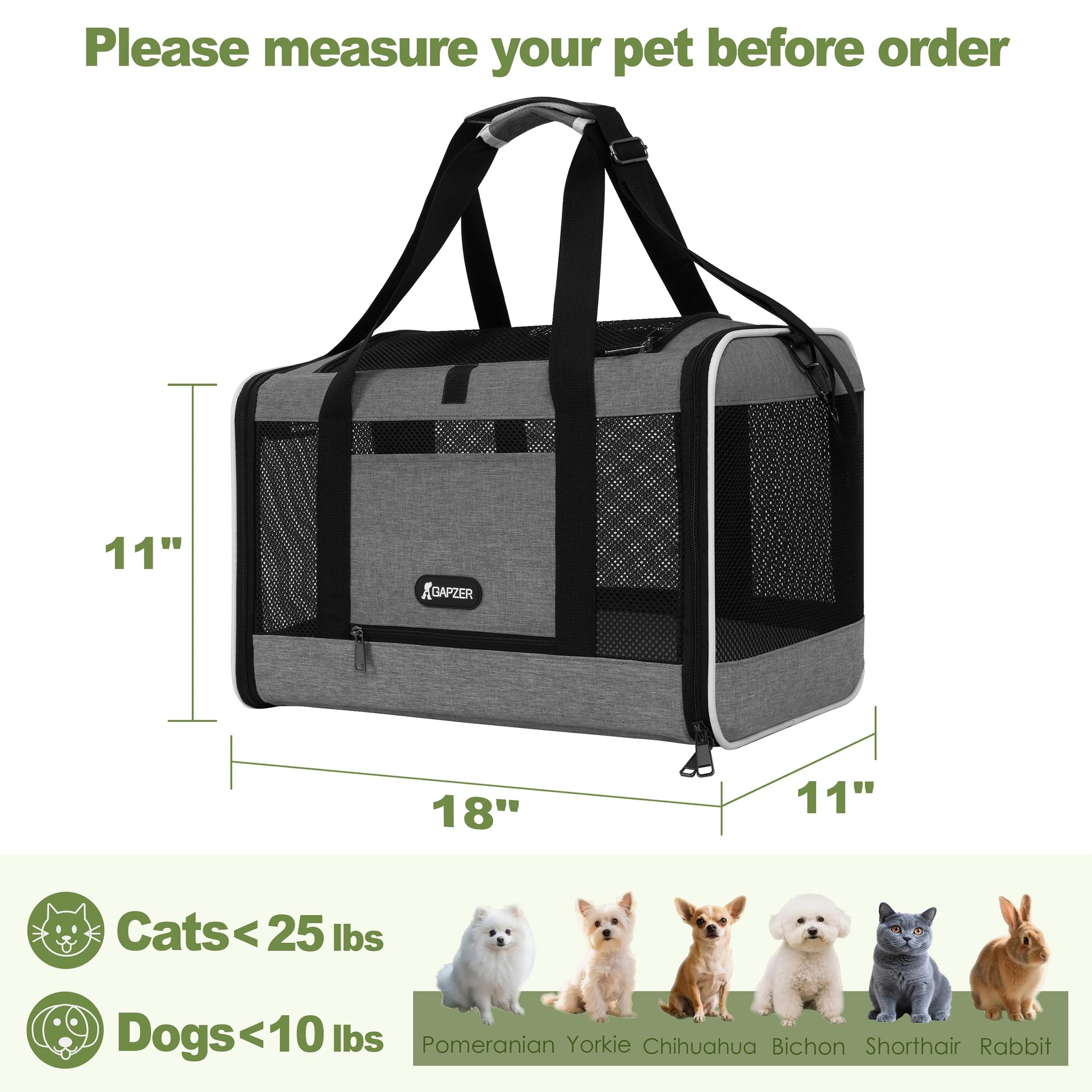 GAPZER Cat Carrier 18x11x11 Top Load Soft Pet Travel Bag Over Bag