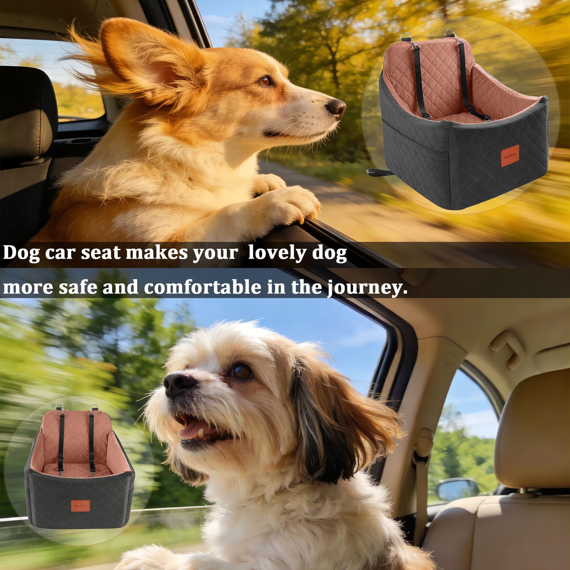 INDYBUD Dog Car Seat for Small/Medium Dogs, Memory Foam Dog Seat