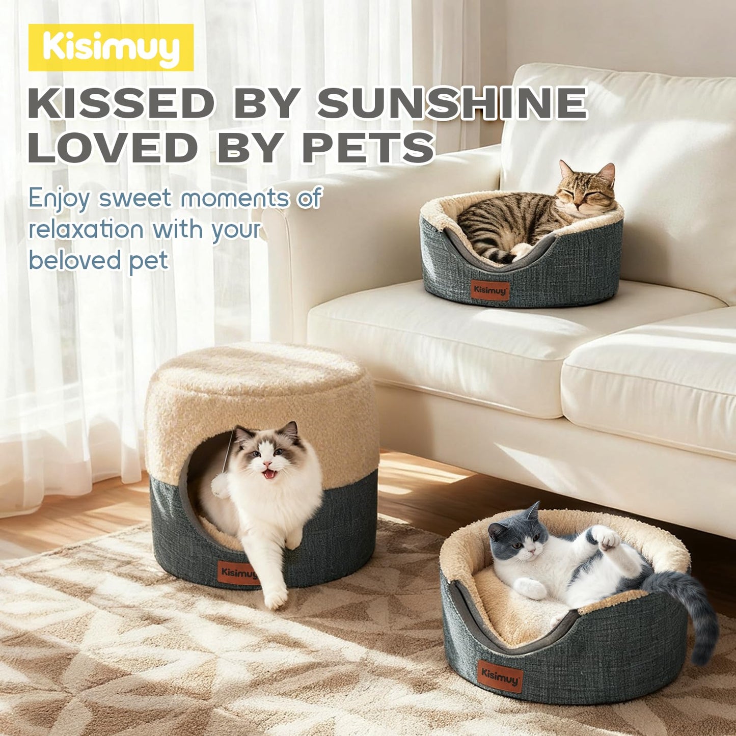 KISIMUY 2-in-1 Cat Cave Bed Lounger with Reversible Plush Cushion