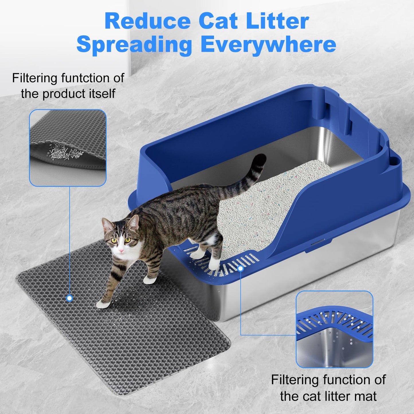 Non-stick Stainless Steel Litter Box, XL Side Opening Splash-Proof Box