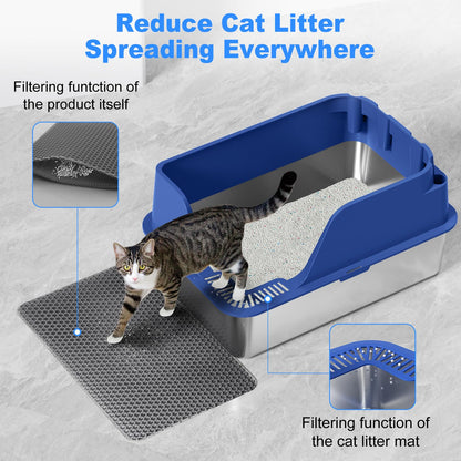 Non-stick Stainless Steel Litter Box, XL Side Opening Splash-Proof Box