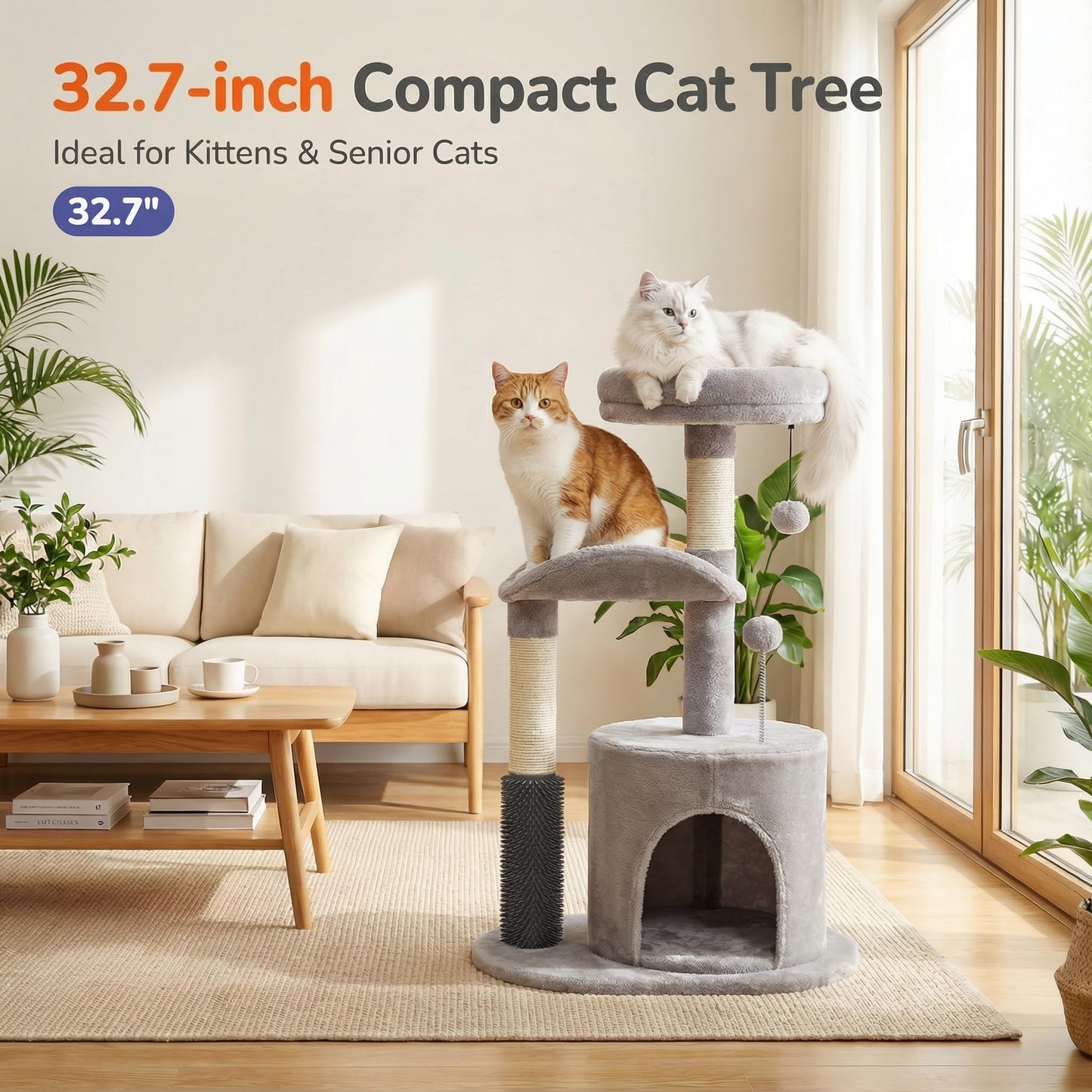 Purrpurcat 32" 7 Small Cat Tree for Kittens Senior Cats, Removable Toy