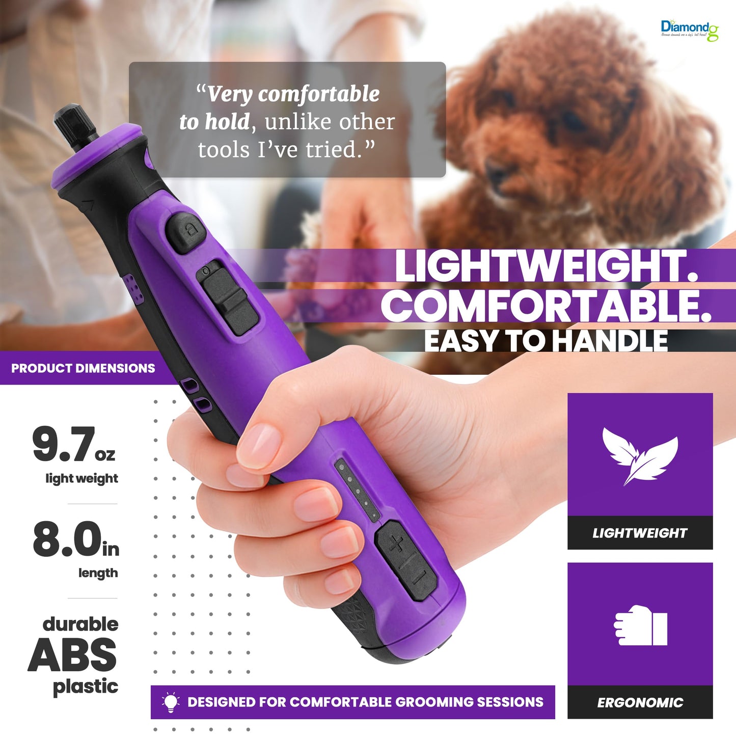 Diamondg Cordless Dog Nail Grinder with Quiet Sound LED Tip Trimmer
