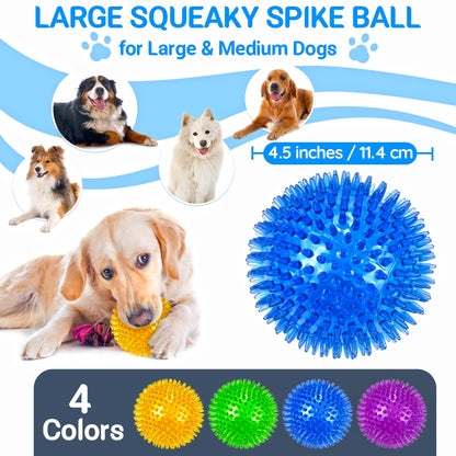 LECHONG 4-Pack Large Squeaky Dog Balls, 4.5" Rubber Spiky Dog Balls