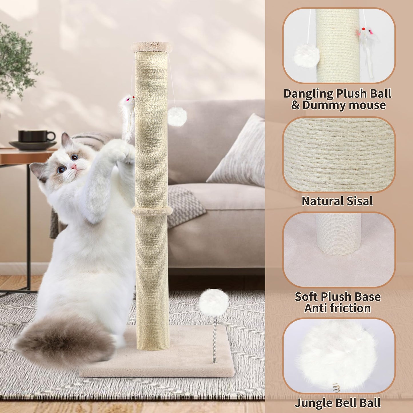 Tall Cat Scratching Post Sisal Cat Scratcher for Indoor Tower
