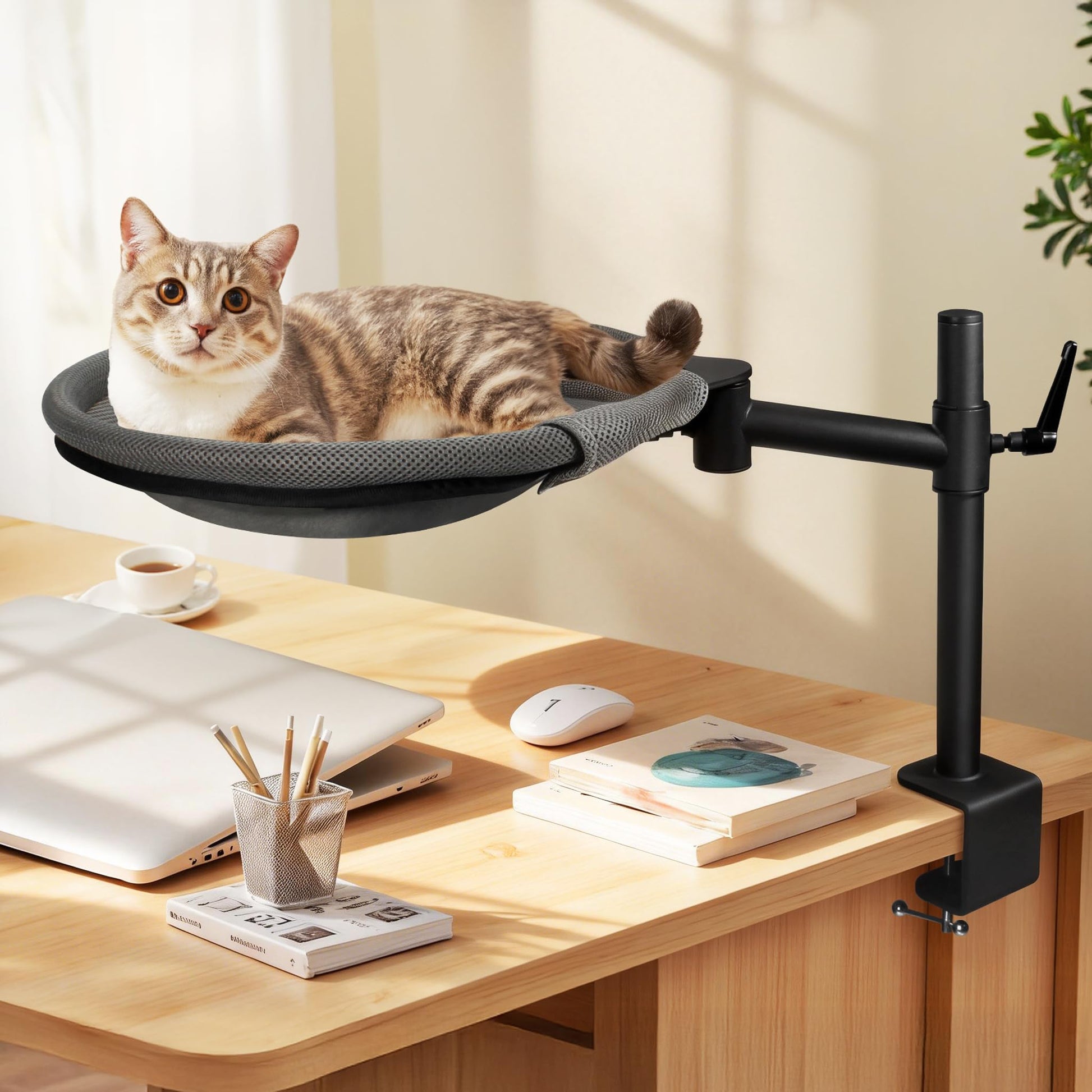Crazydeer Cat Desk Bed, 360° Rotating Height Adjustable Desk Cat Bed