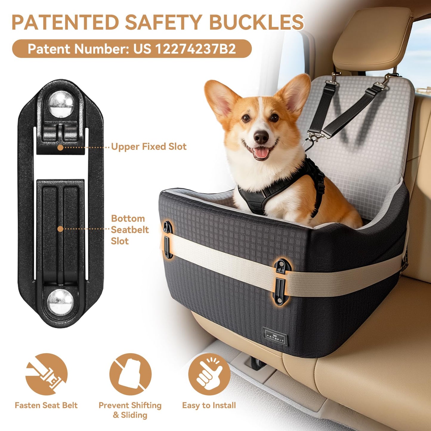 PETSFIT Dog Car Seat for Small/Medium Dogs Up to Patented Safety Seat