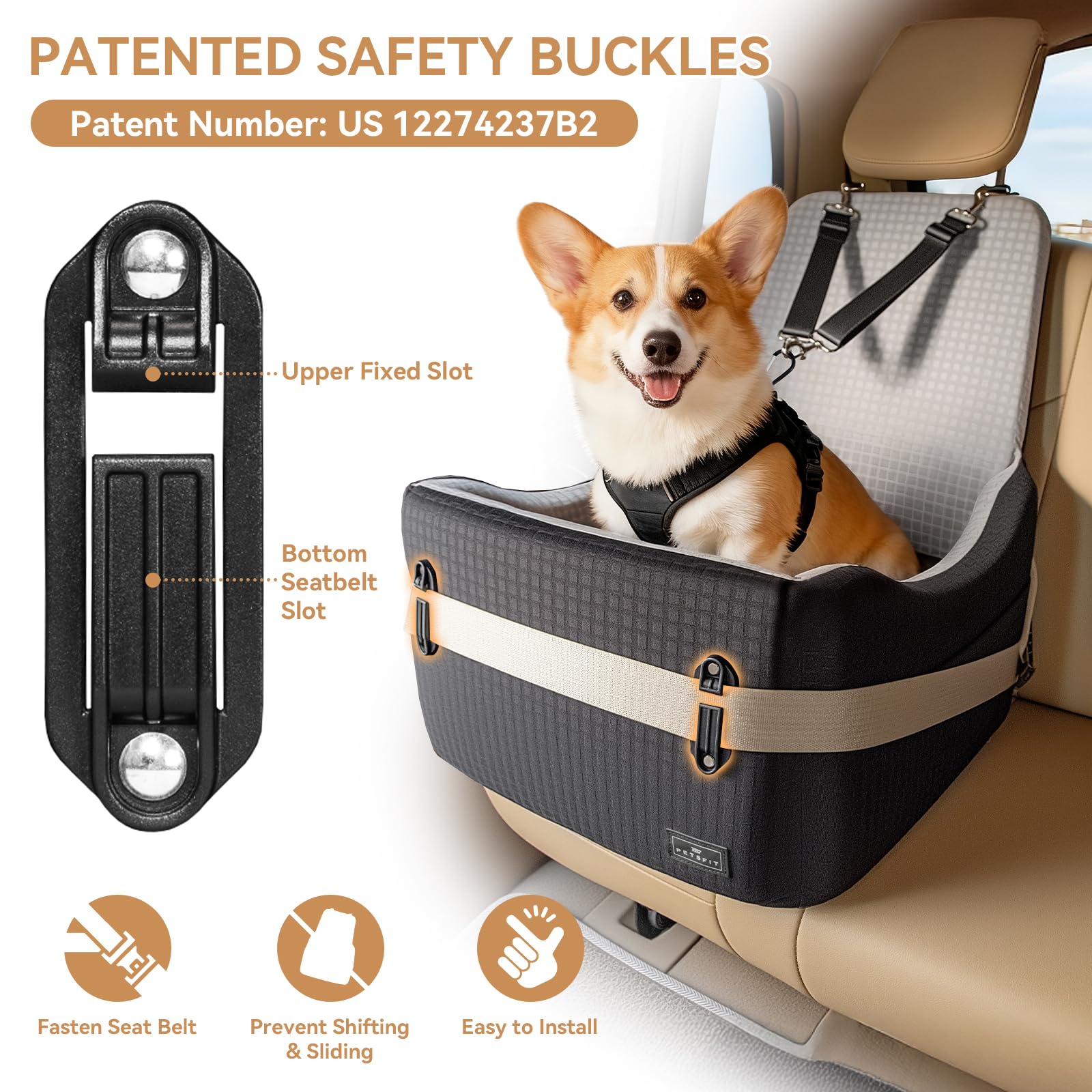 PETSFIT Dog Car Seat for Small/Medium Dogs Up to Patented Safety Seat