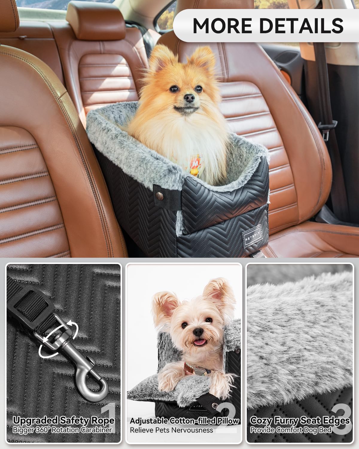 PETSFIT Center Console Dog Car Seat with Safe Protection Hooks, Seat