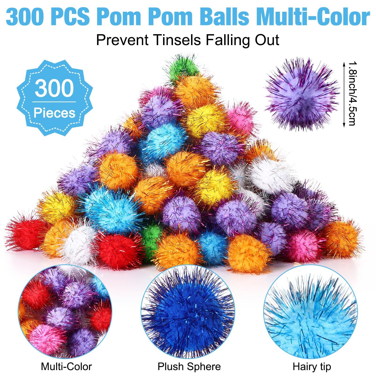 Poen 300 Pieces Cat Toy Fuzzy Balls Assorted Color Pom Pom Balls