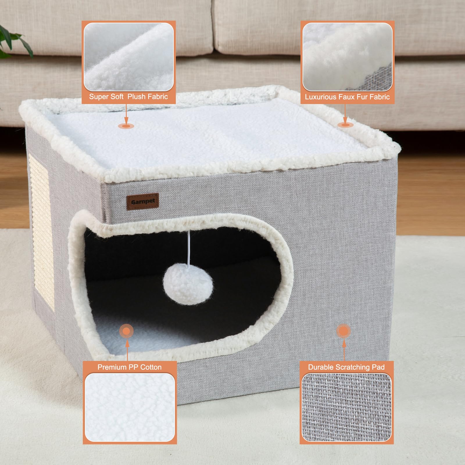 Garnpet Cat Bed for Indoor Cats Cube House, Covered Cat Cave Beds