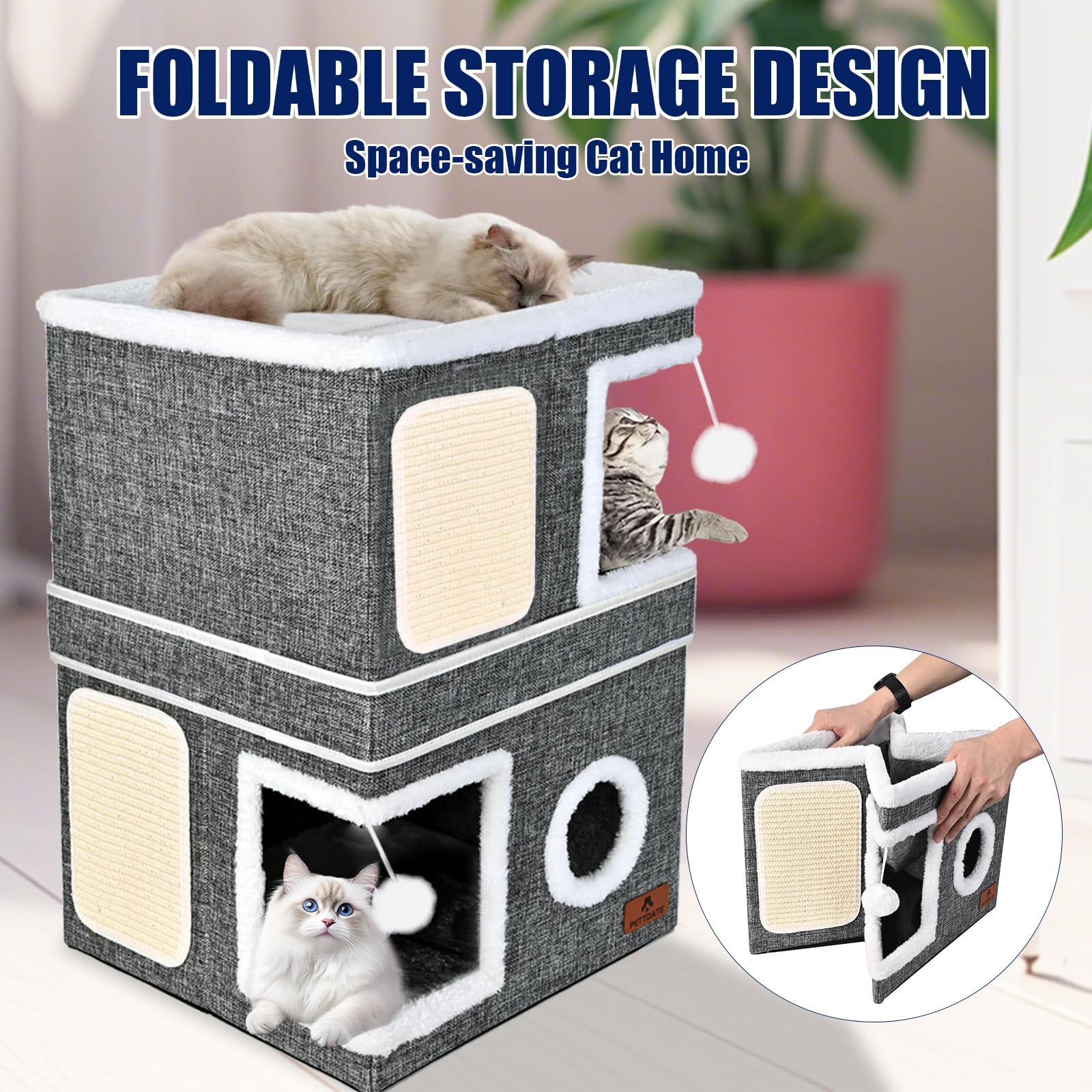 2-Story Cat House for Indoor Cats, Dual-Purpose Cave Bed with Bed
