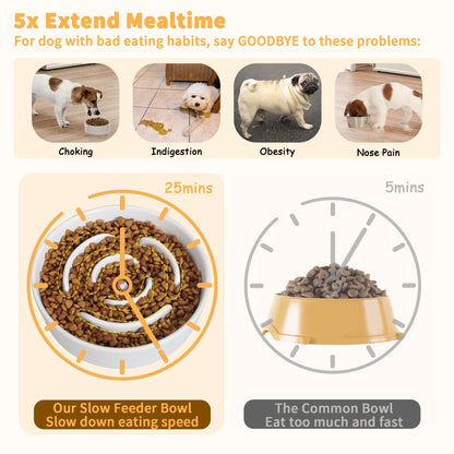 Elevated Slow Feeder Dog Bowl Ceramic Maze Food Dish with Bamboo Bowl