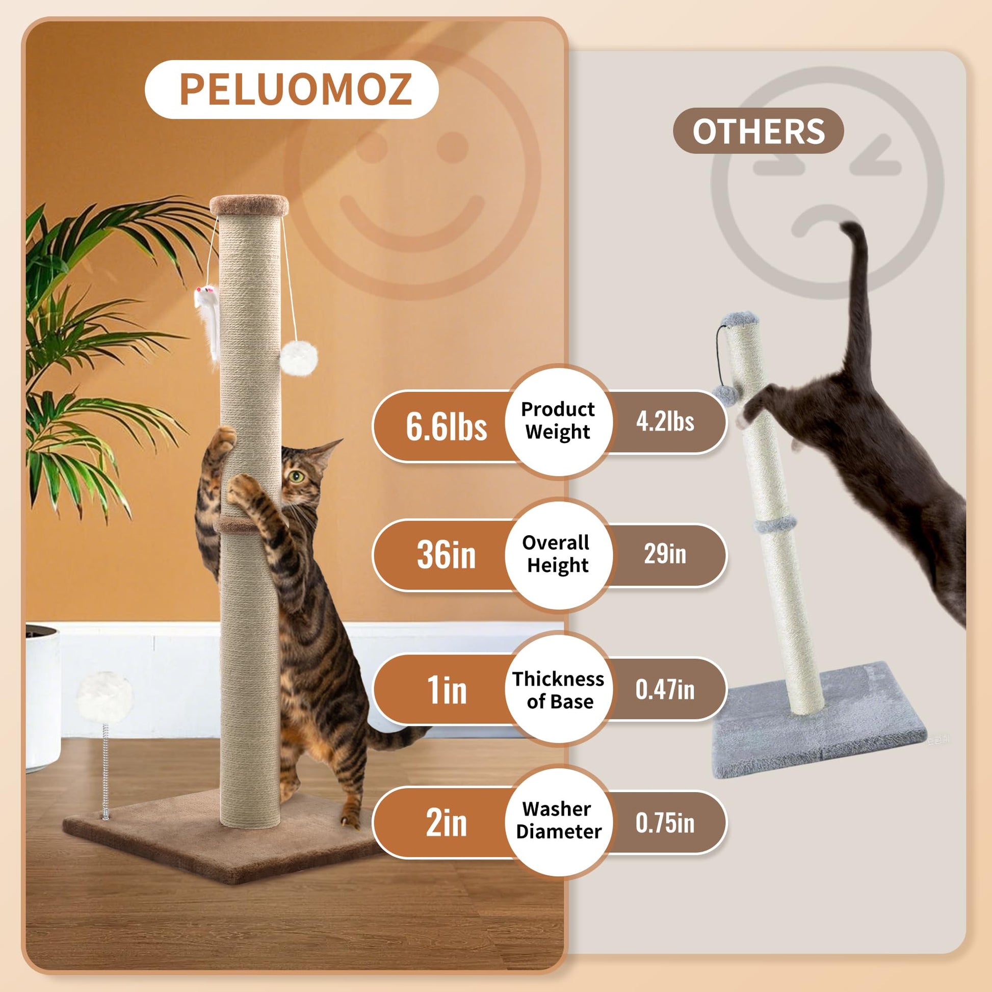 36'' Tall Cat Scratching Post, Large Sisal Scratch Post for Tower
