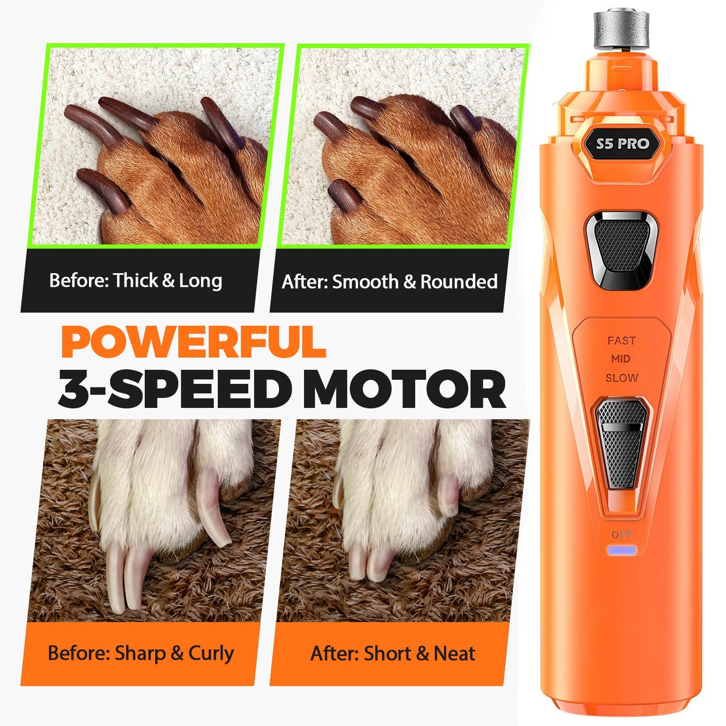 Whisper Quiet Dog Nail Grinder with 4 LED Lights, Safe Stress-Free Kit