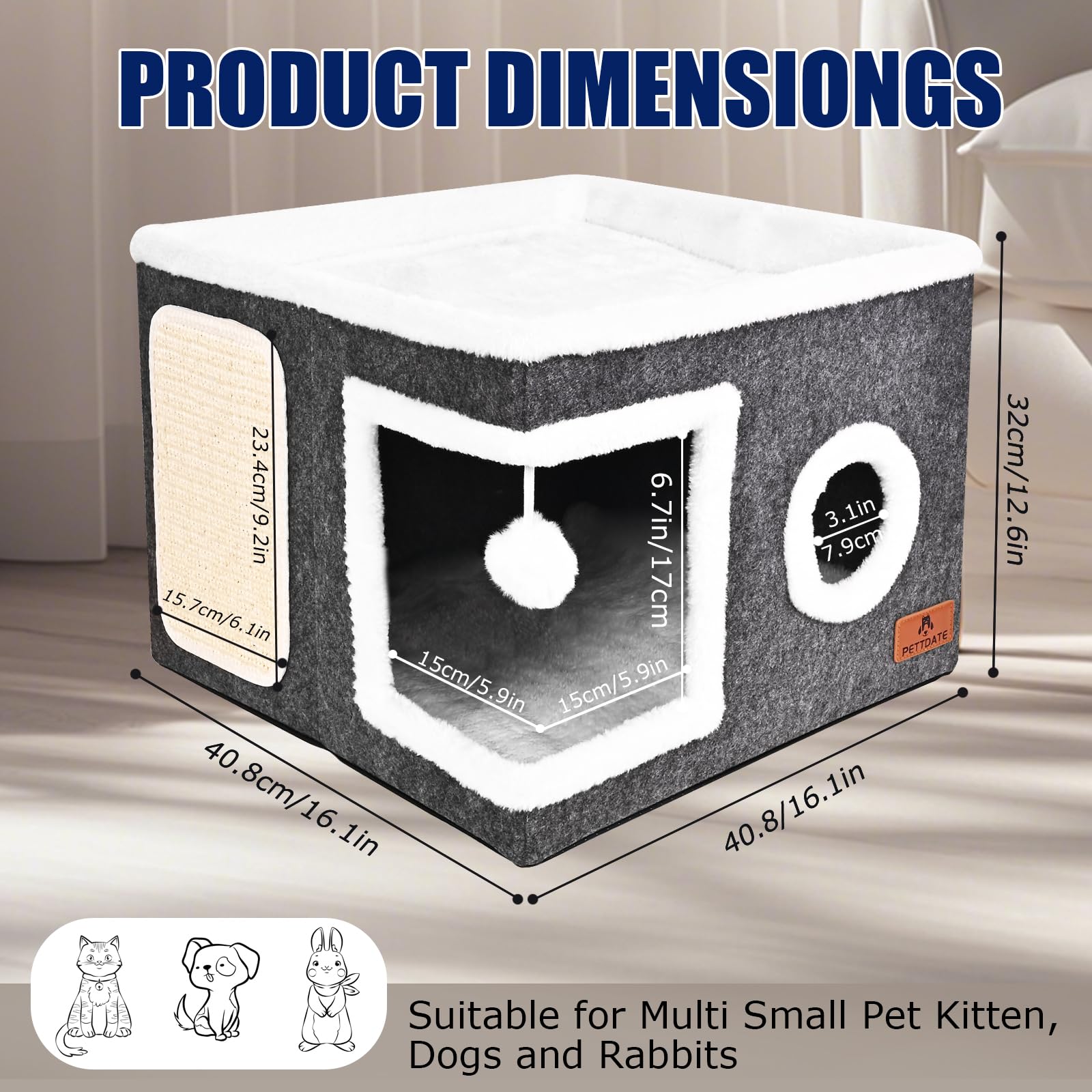 Felt Cat Cave Beds for Indoor Cats, Foldable Cat Hideaway with House
