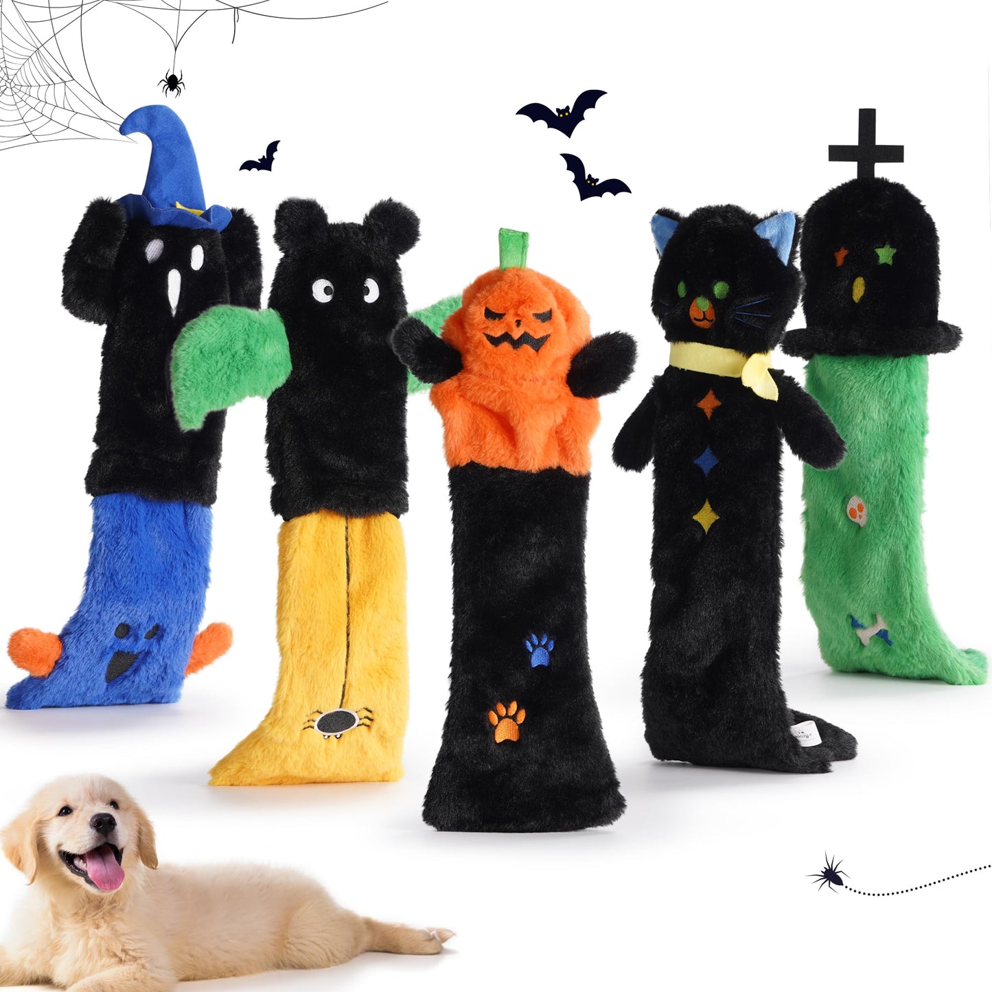 Nocciola 5 PCS Halloween Dog Squeaky Toys, No Stuffing Plush Dog Toys