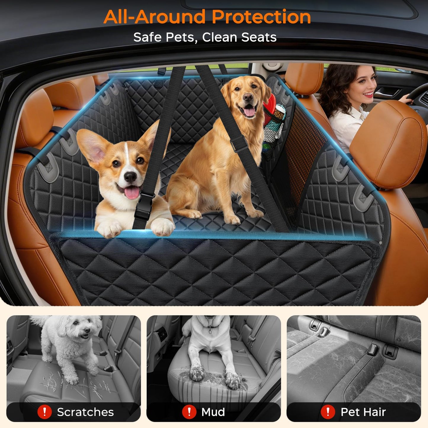 URPOWER Large Back Seat Extender for Dogs, Hard Bottom Dog Car Seat