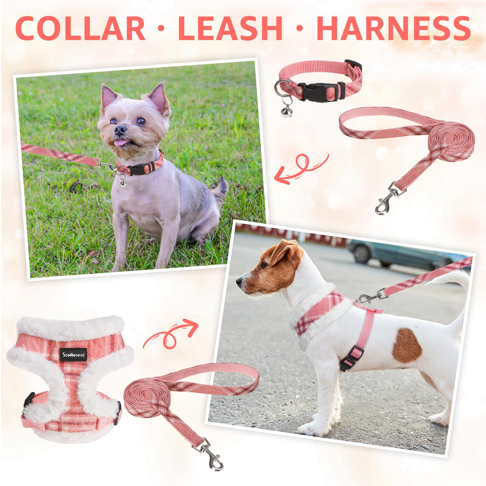 SCENEREAL Small Dog Harness Collar and Leash Set, Mesh Plush No Collar