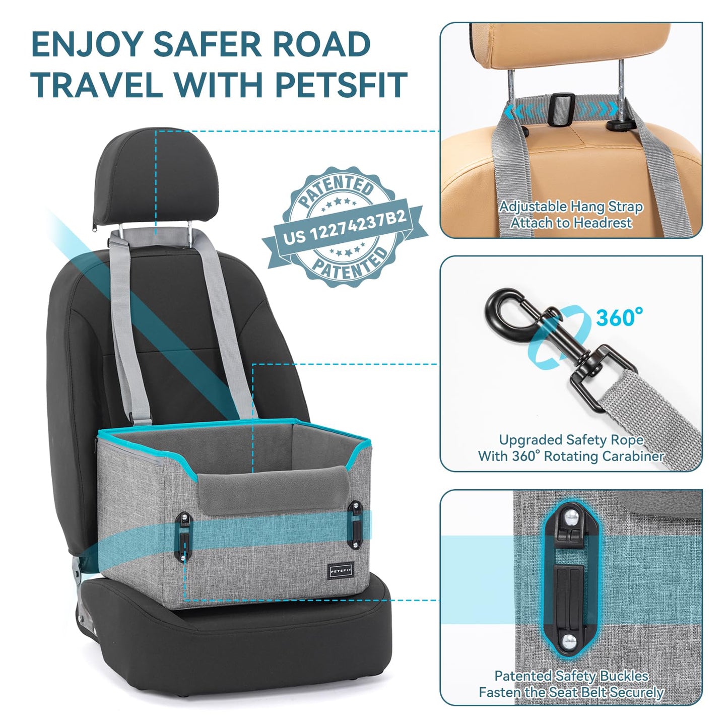 PETSFIT Dog Car Seats for Small Dogs Patented Safety Buckles Seat
