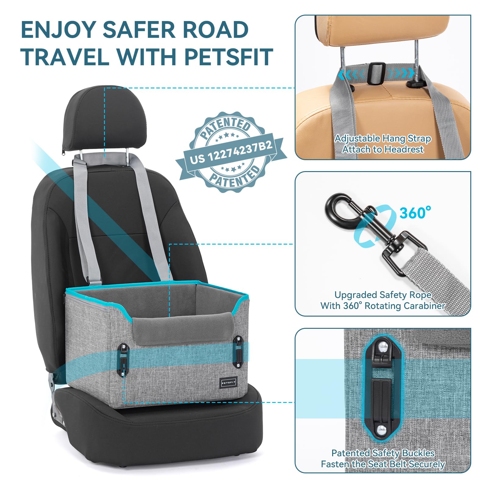 PETSFIT Dog Car Seats for Small Dogs Patented Safety Buckles Seat