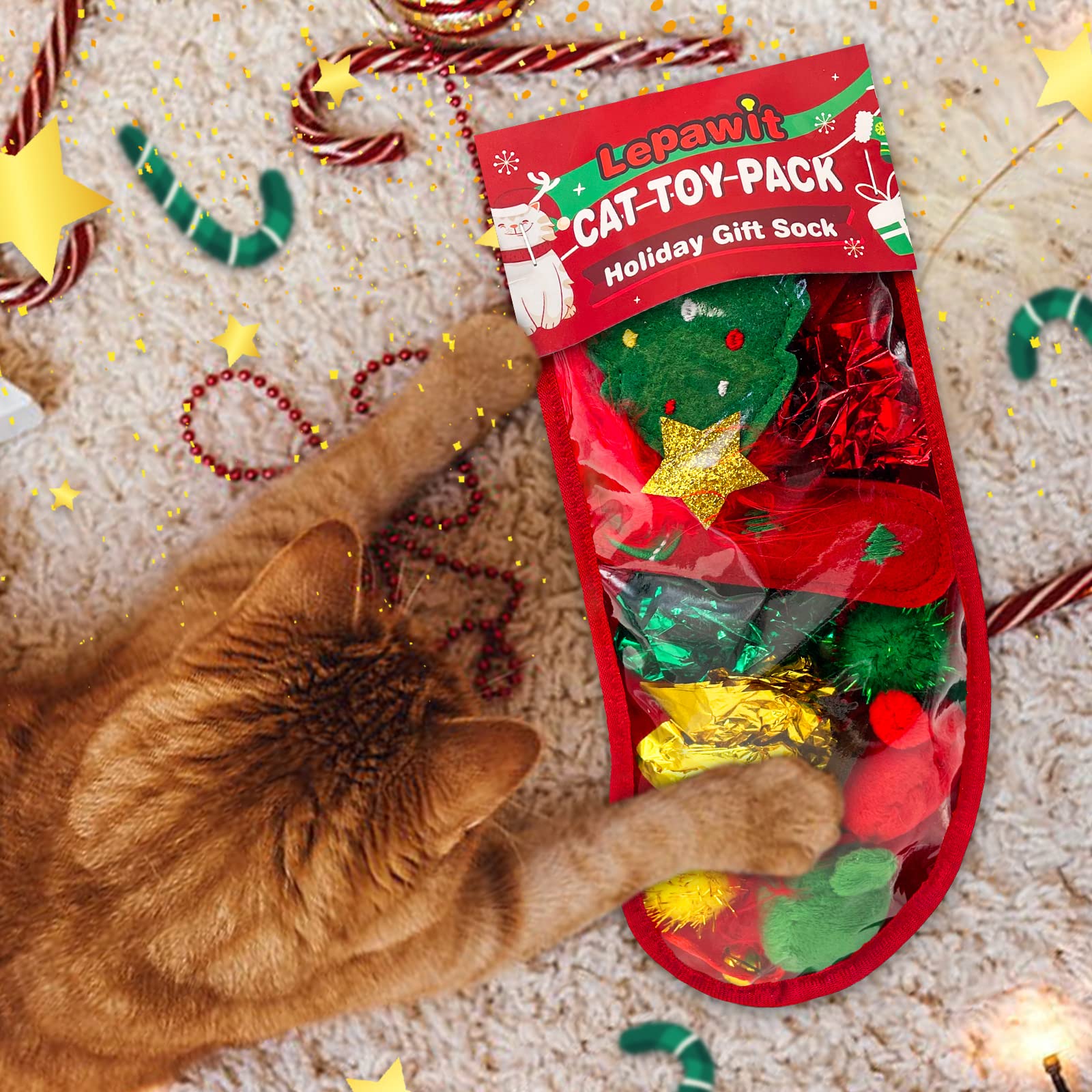 Lepawit Cat Christmas Stocking, 10 Pack Gifts for Christmas Catnip
