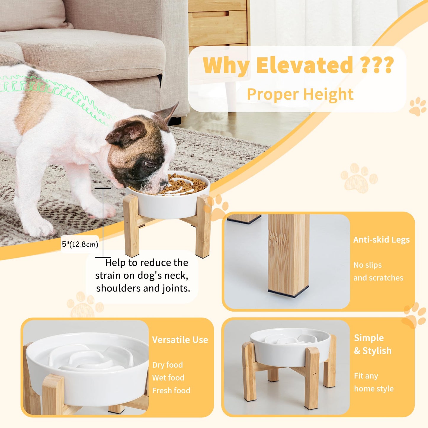 Elevated Slow Feeder Dog Bowl Ceramic Maze Food Dish with Bamboo Bowl