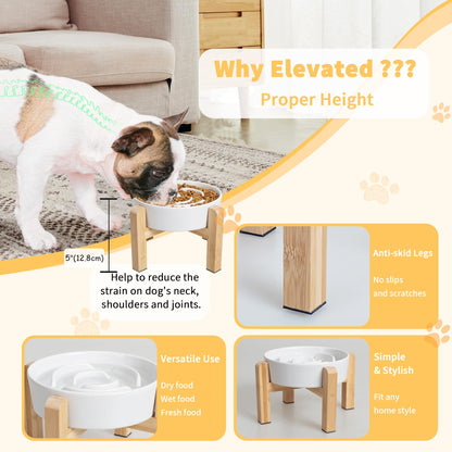 Elevated Slow Feeder Dog Bowl Ceramic Maze Food Dish with Bamboo Bowl