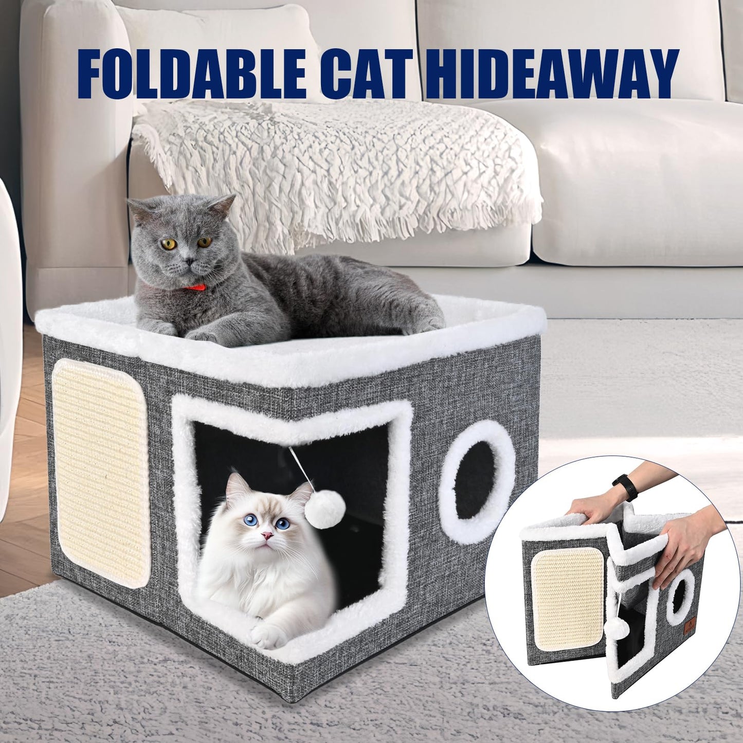Cat Beds for Indoor Cats, Large Cat Cave Bed with Scratch Pad Bed