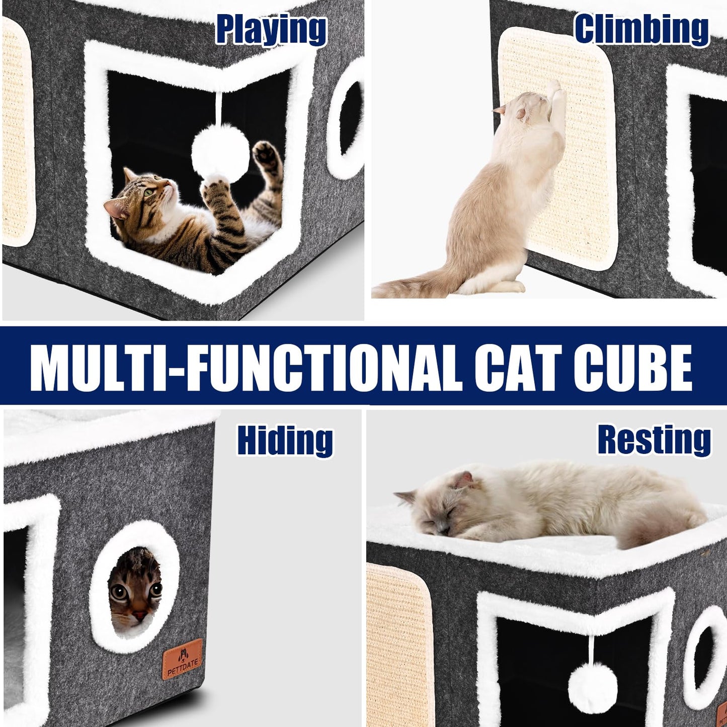 Felt Cat Cave Beds for Indoor Cats, Foldable Cat Hideaway with House