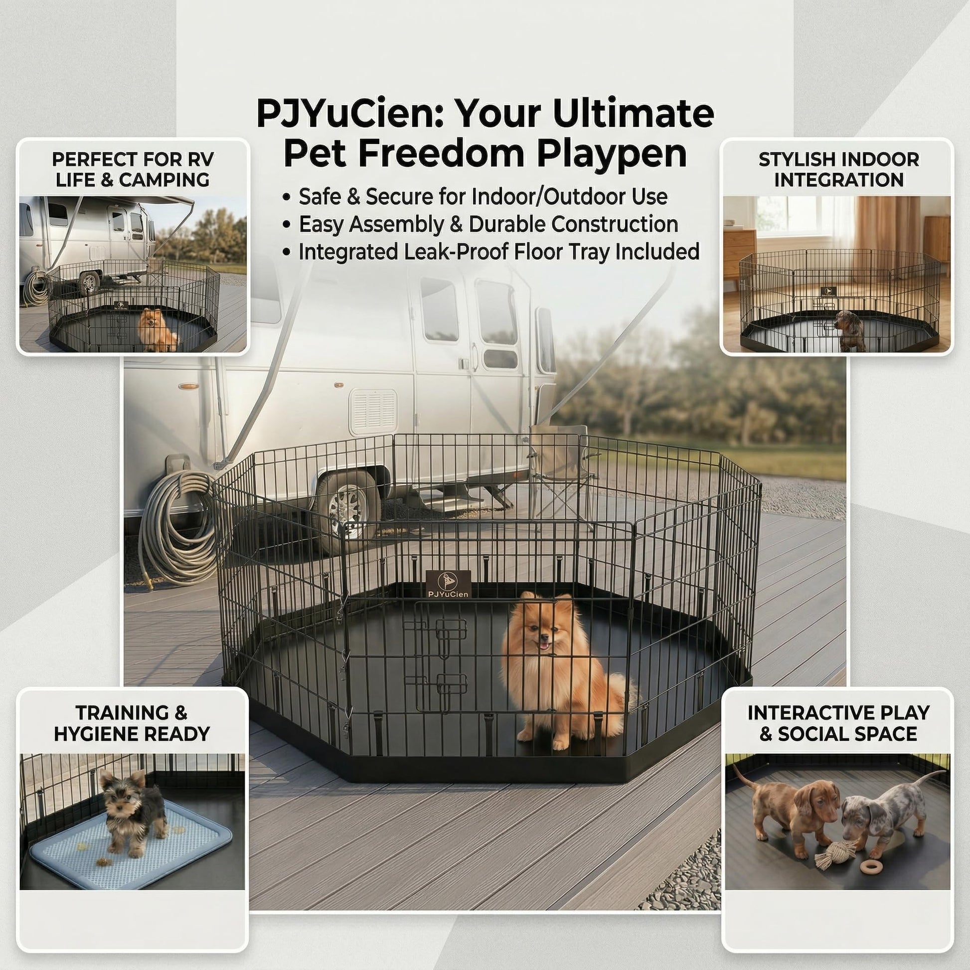 PJYuCien Dog Playpen with Bottom Pad Metal Foldable Exercise Kennel