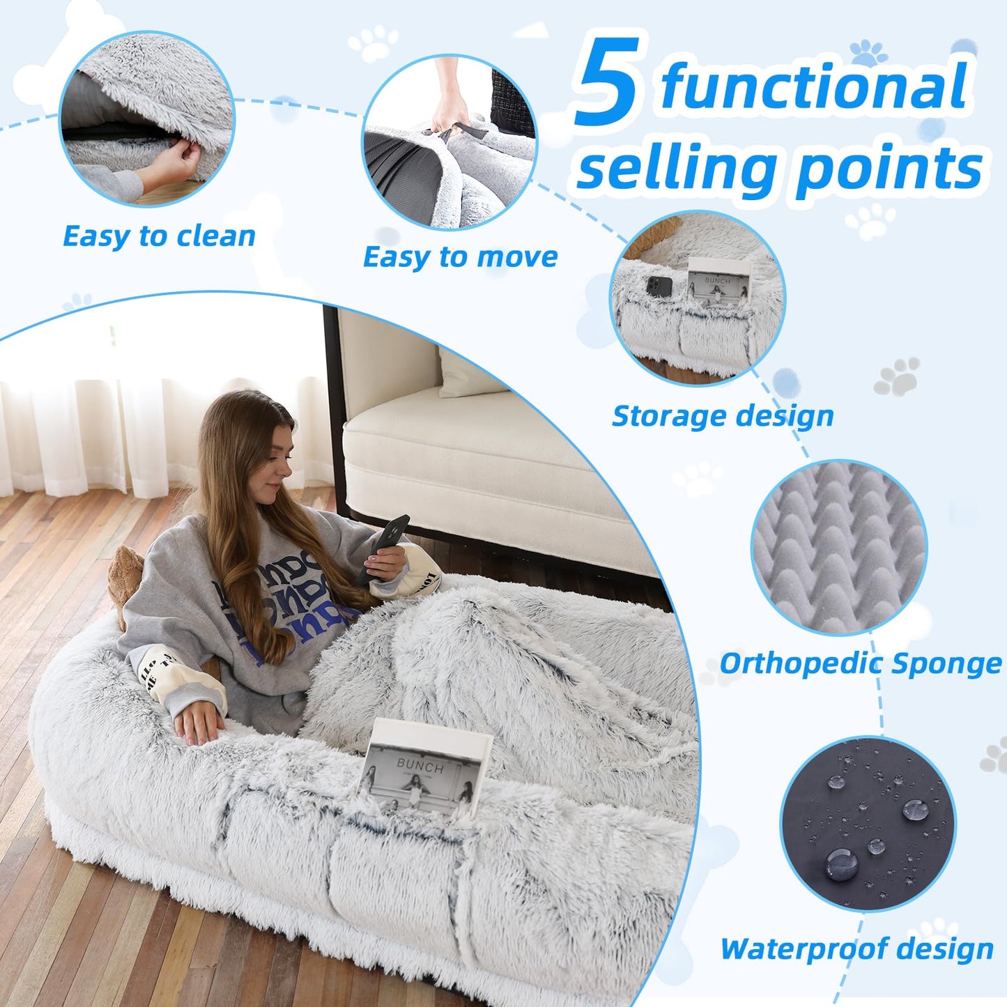 WROS Human Dog Bed x45"x12" Fits You Pets, Washable Faux Fur Bed