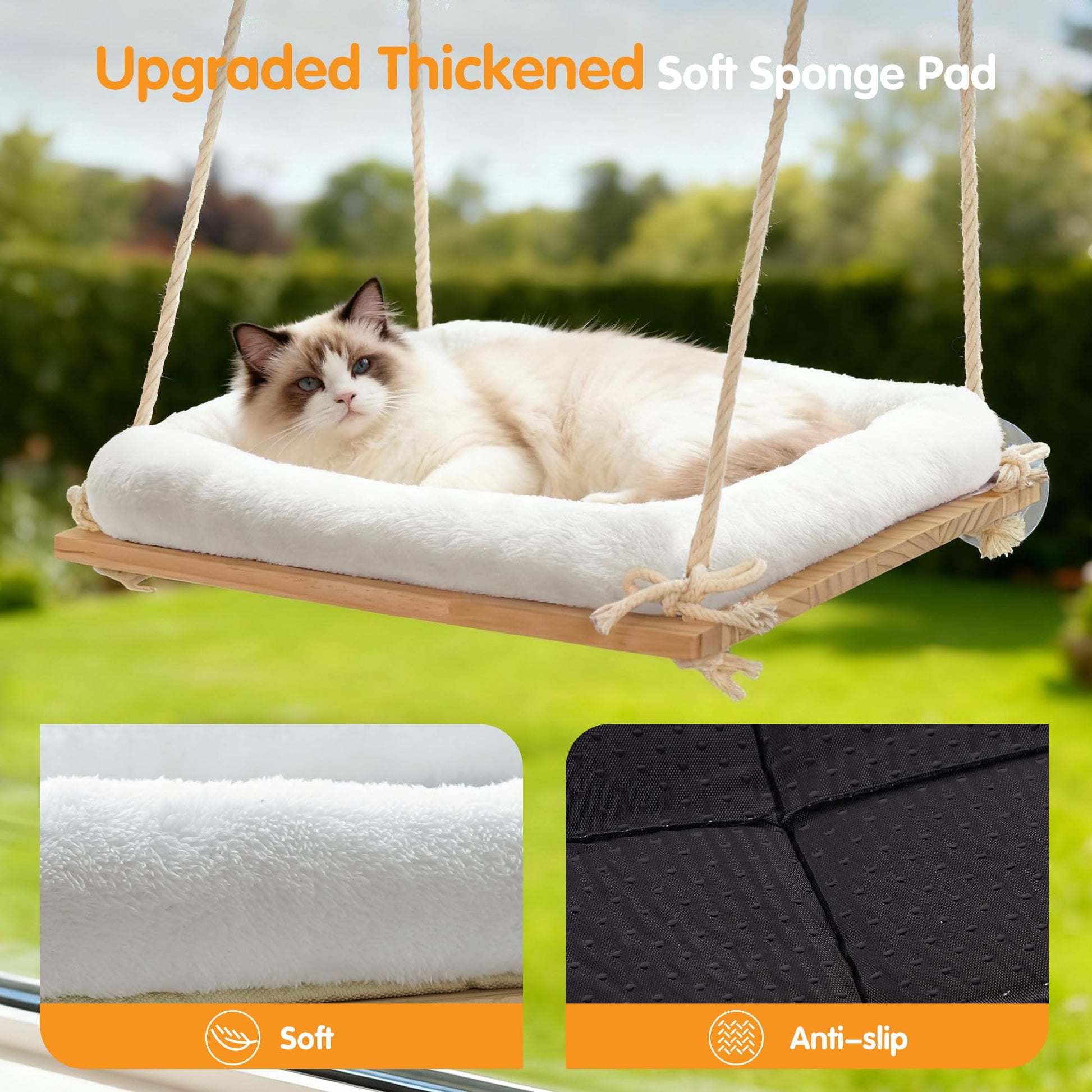 Anywish Cat Window Perch, Rustic Cat Hammock Bed with Solid Wood Bed