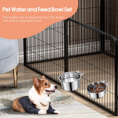 2 Pcs Large Pet Dog Food Water Bowl with Slow Feeder Insert for Cage