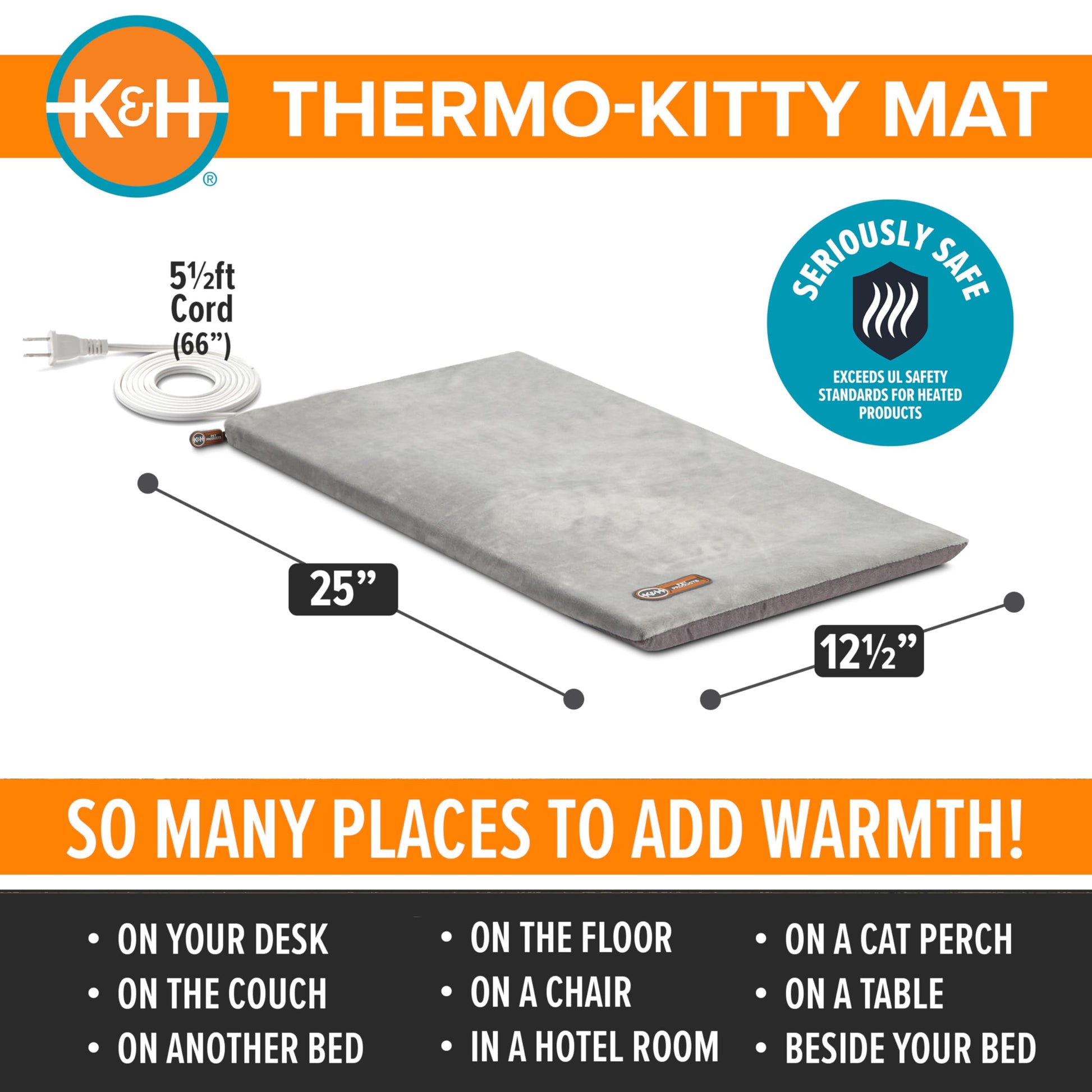K&H Pet Products Heated Cat Bed Pad for Indoor Cats, Thermo-Kitty Mat