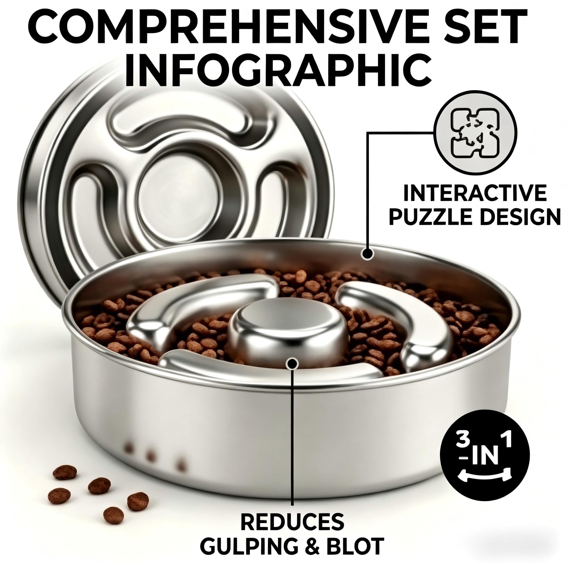AIPERRO Slow Feeder Dog Bowl Stainless Steel, 2 Cups Metal Bowl
