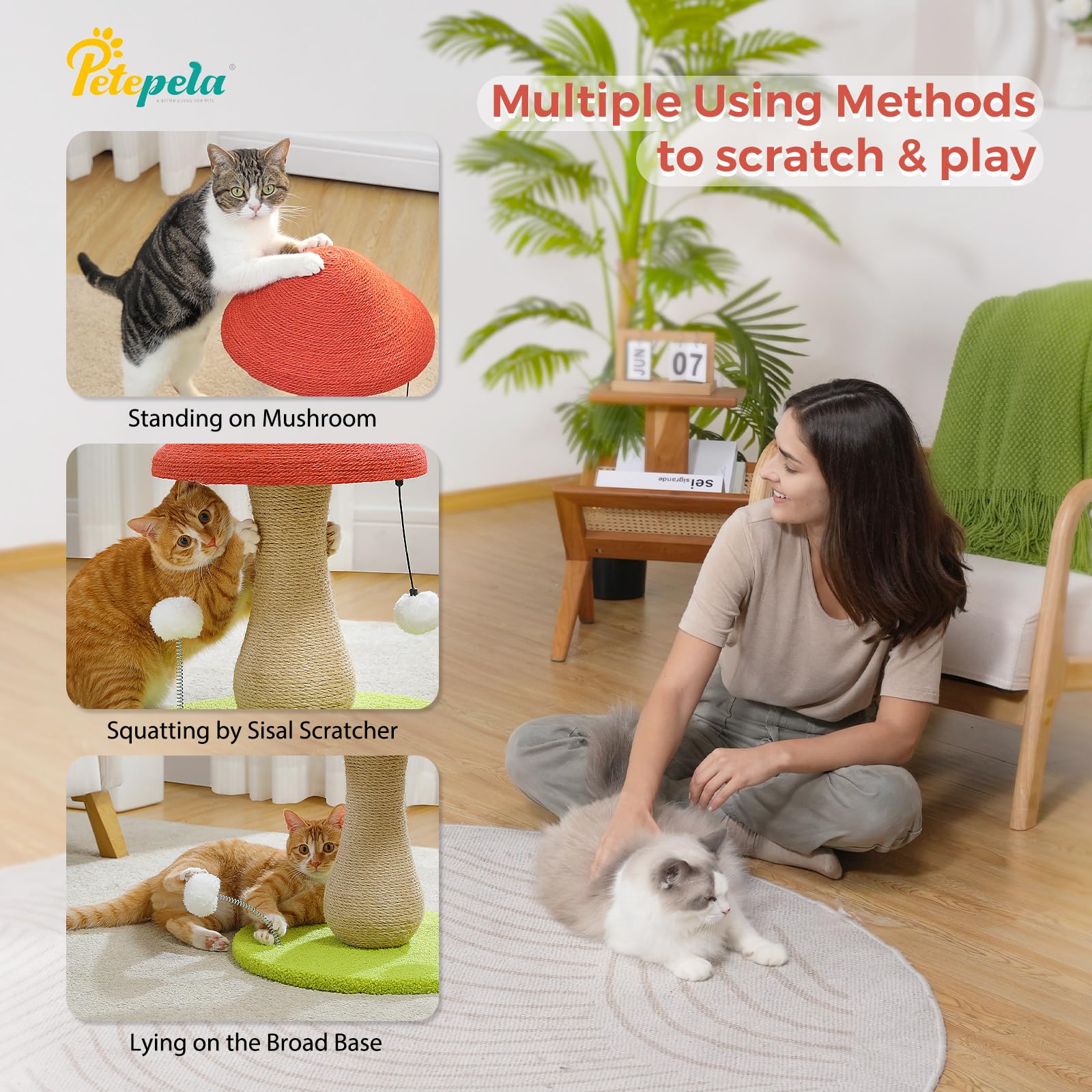 PETEPELA Mushroom Cat Scratching Post, Cat Scratcher Cute with Toy