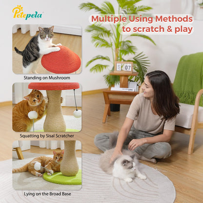 PETEPELA Mushroom Cat Scratching Post, Cat Scratcher Cute with Toy