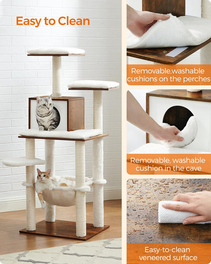 Feandrea Cat Tree, 56.3-Inch Modern Cat Tower, Multi-Level Plush Condo