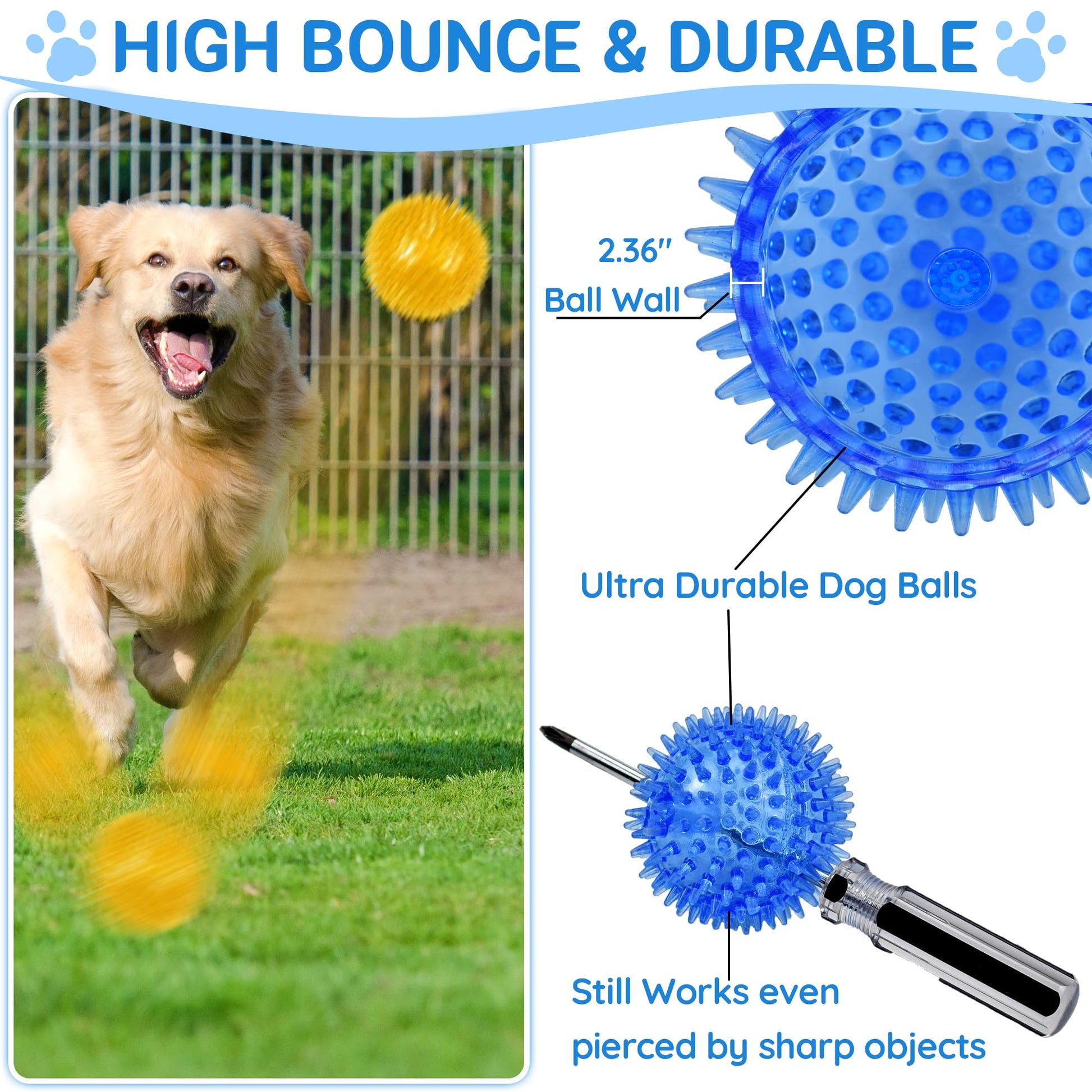 LECHONG 4-Pack Large Squeaky Dog Balls, 4.5" Rubber Spiky Dog Balls
