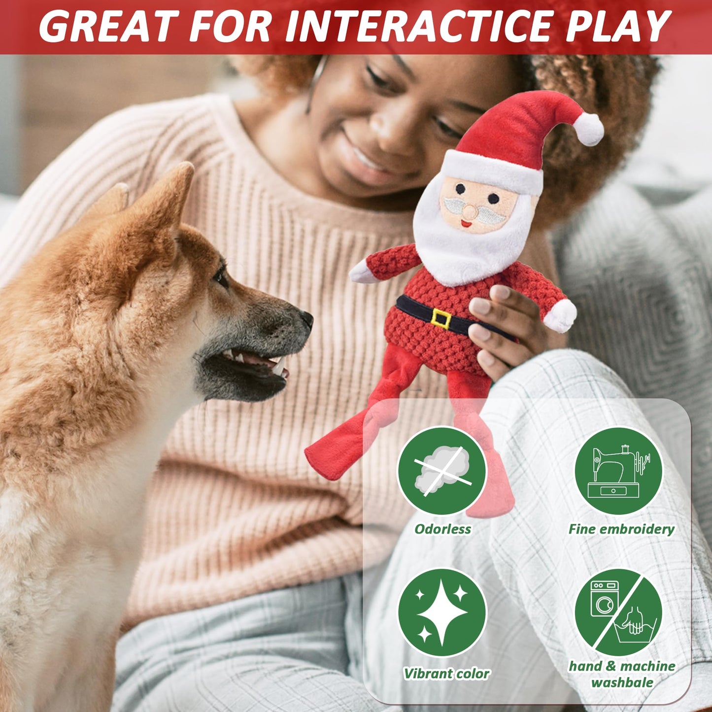 LECHONG Christmas Dog Toys, 4pcs Stuffed Dog Squeaky Toys for Toys