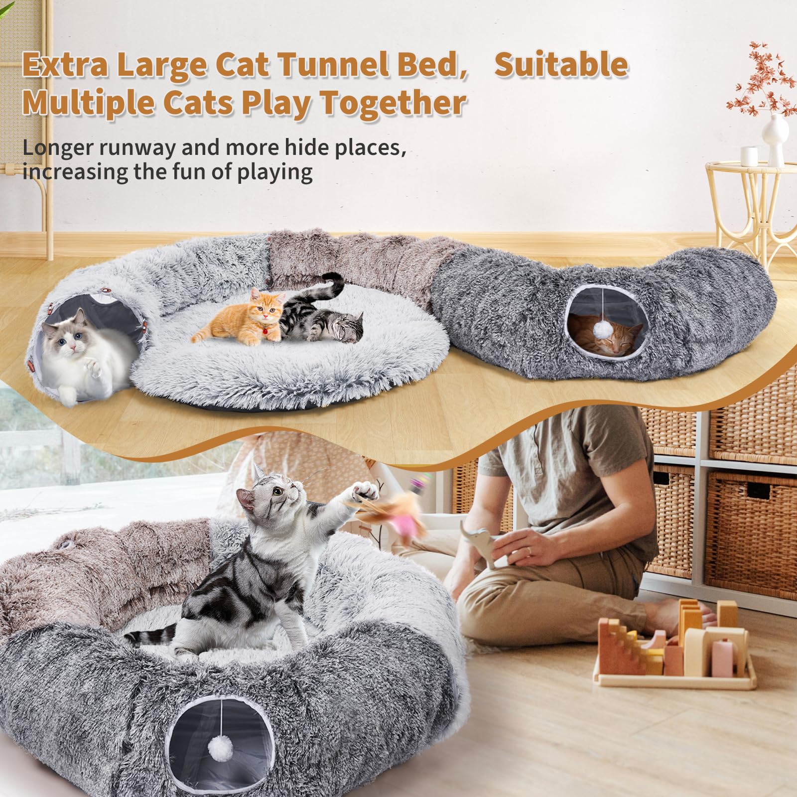 Odoland Large Cats Tunnels for Indoor Cats Fluffy Warm Cat Bed