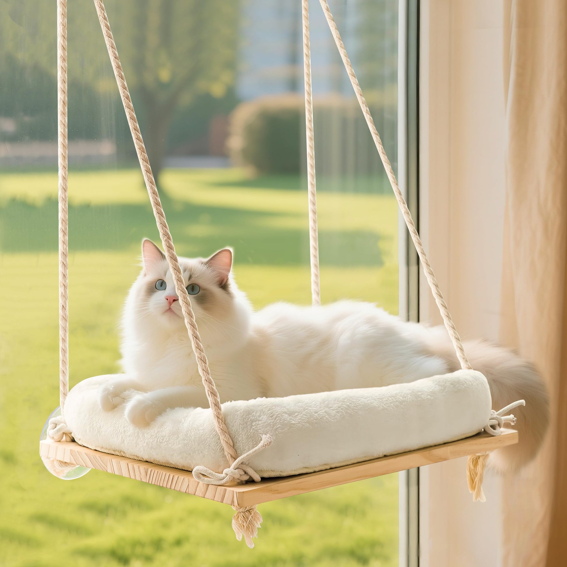 Anywish Cat Window Perch, Cat Hammock Bed with Solid Wood Seat 4 Bed
