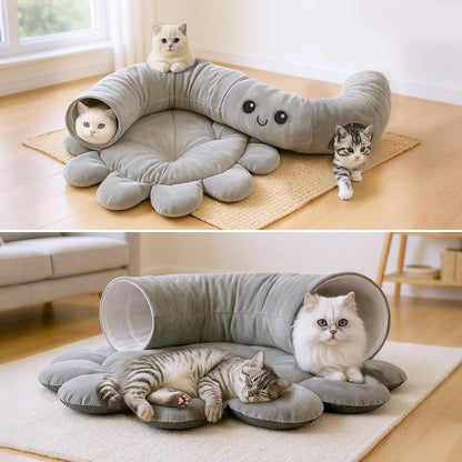 VIEFIN Cat Tunnel Bed for Indoor Cats, Peekaboo Cat Cave Bed with Bed
