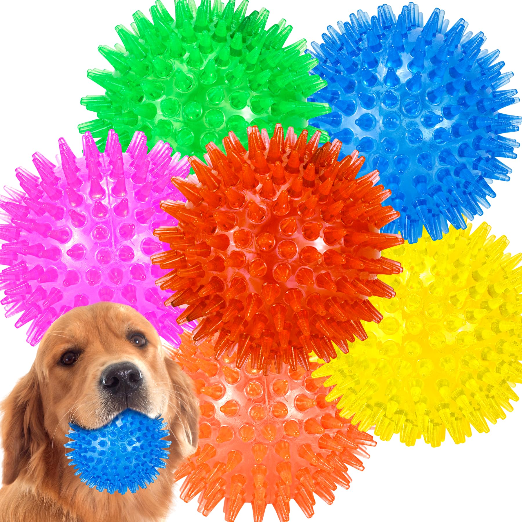 LECHONG 6-Pack 3.5” Squeaky Dog Balls, Durable Soft Spiky Chew Chew